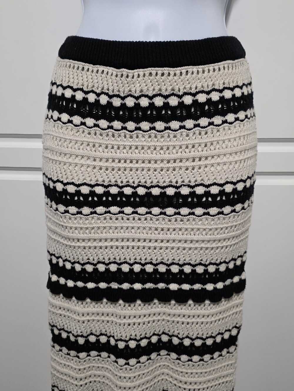 Sincerely Jules Black Cream Stripe Boho Crochet Chunky Knit Pull On Maxi Skirt - Picture 3 of 16
